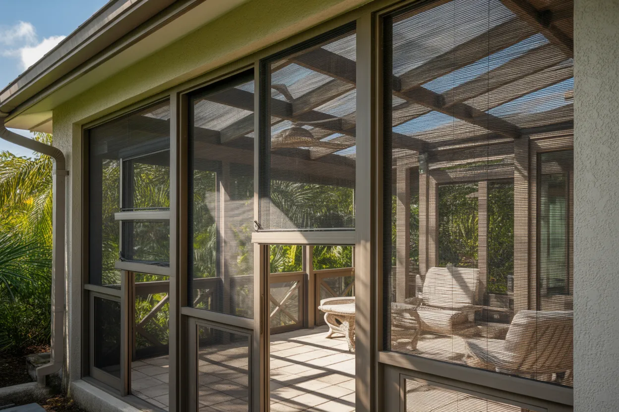 Retractable patio screen installed on modern Destin home