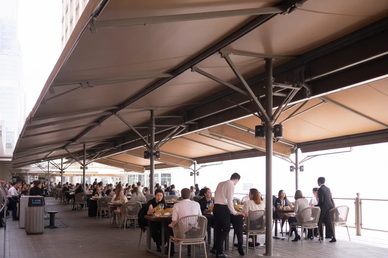 Commercial shade system over restaurant outdoor dining area in Destin